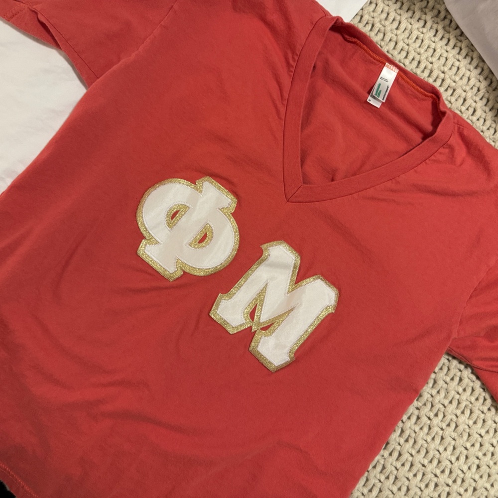 SORORITY LETTER SHIRT PHI MU - Stitch Letters, Vneck